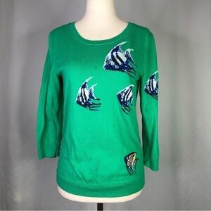Talbots green cotton blend crew neck sweater angelfish fish graphic Medium